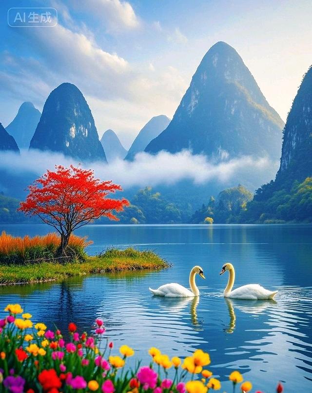 青山云雾缭绕，湖光山色映天鹅，此景如画醉人心