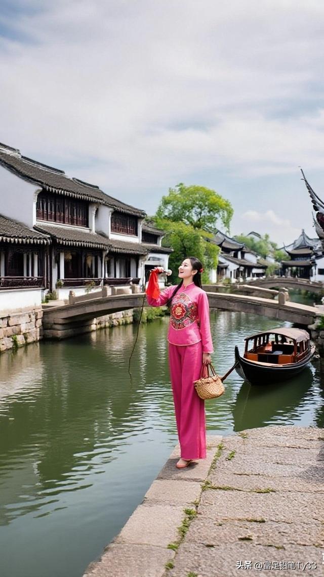 古桥邂逅：粉裙少女与江南水乡的诗意相逢！