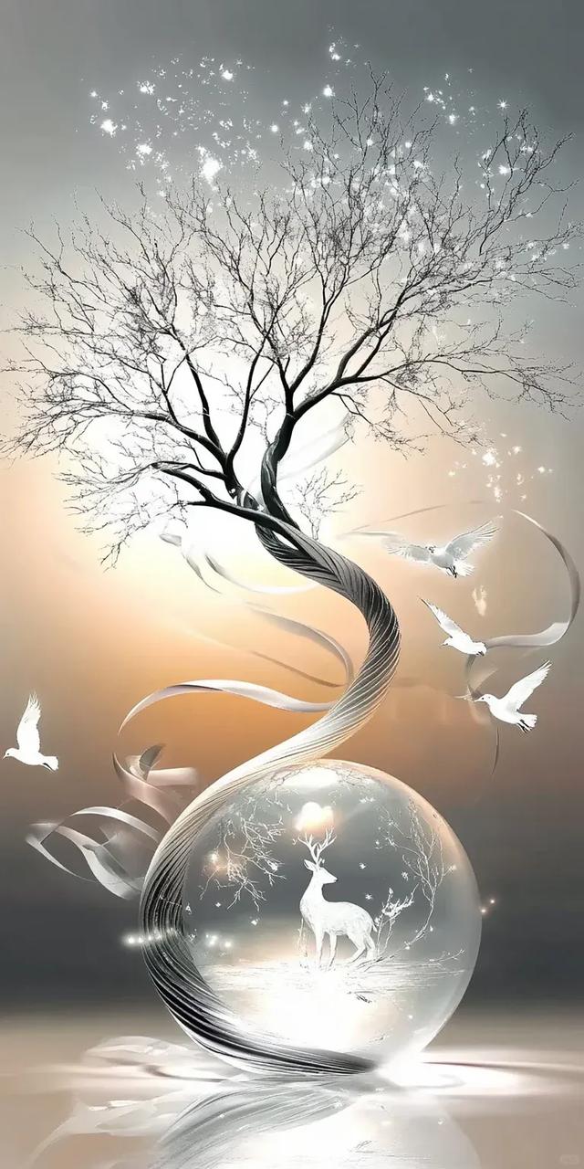 梦幻森林中的鹿与树，静谧而神秘