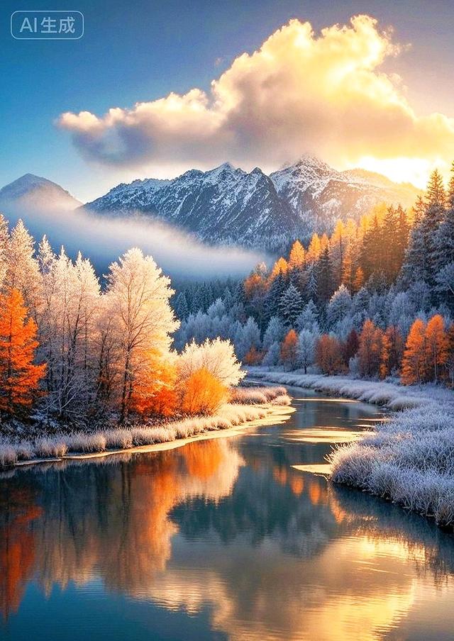 初雪吻过的金林，在镜湖里映成冰峰的温柔