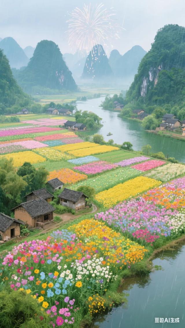梦幻仙境色彩斑斓的花海与静谧河流相映成趣，仿佛置身于童话世界