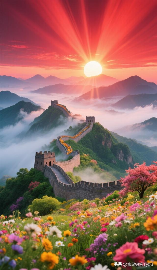 惊叹！长城巍峨处云海花海交织，共绘壮美绝伦之景！