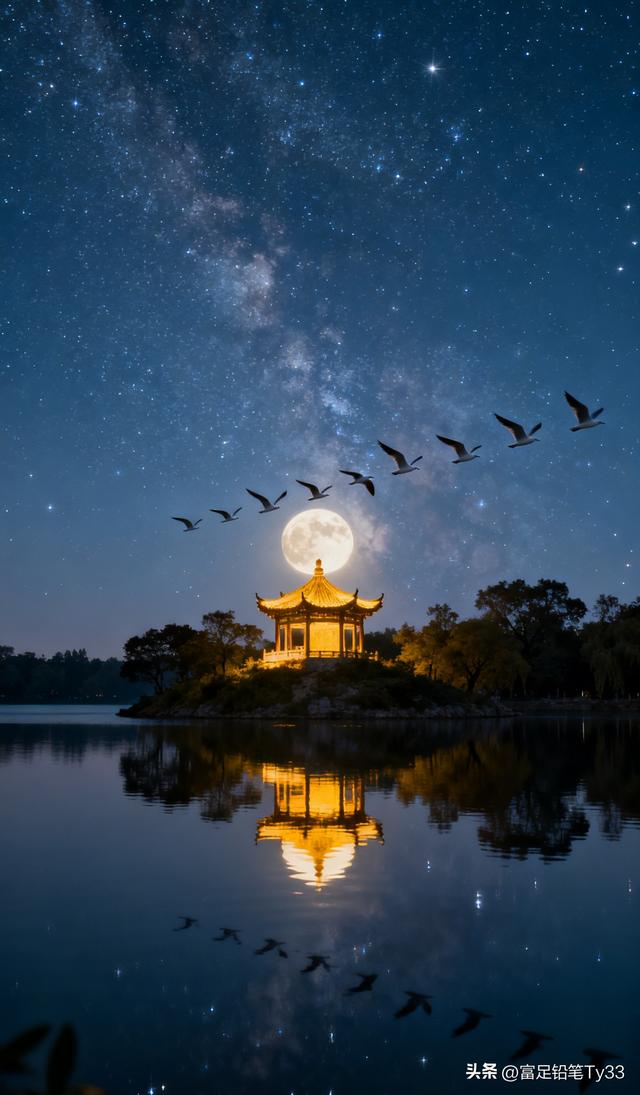 月光下的湖畔古塔，星河璀璨，宁静如画！