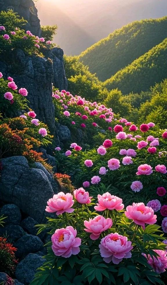 悬崖上的牡丹花海绝美，周边风景亦如画