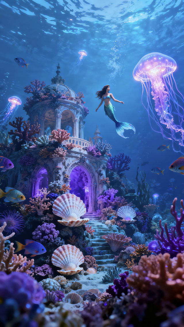 在梦幻海底城堡中，美人鱼伴彩色鱼群、发光水母悠然畅游。