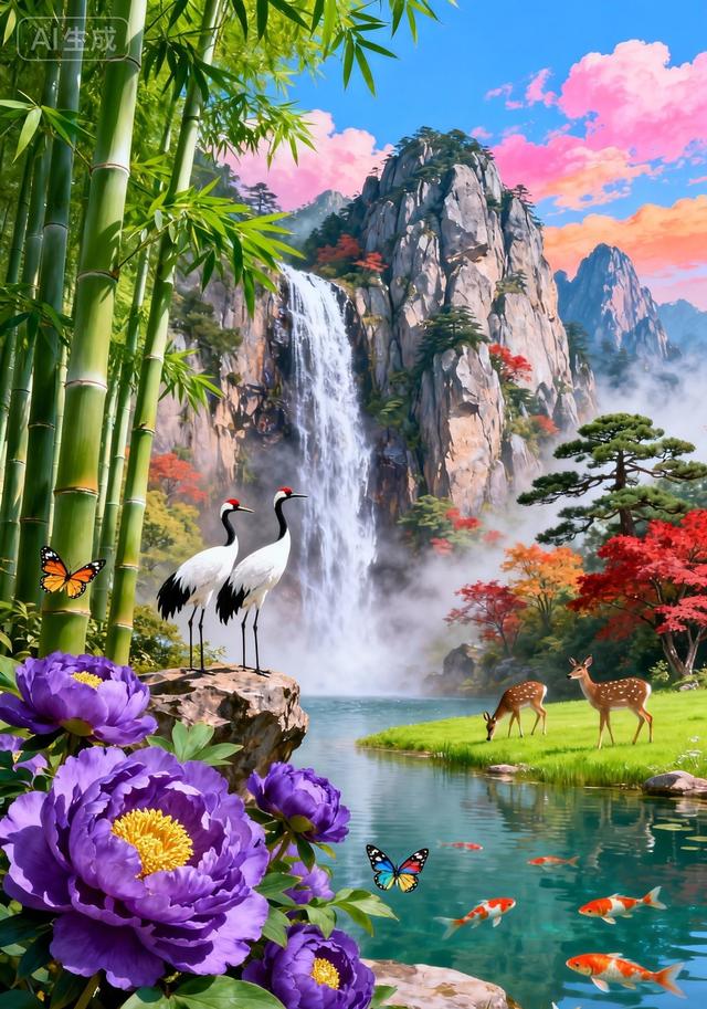 翠竹丹鹤映紫牡丹，仙山瀑布伴锦鲤，满眼皆是好风光