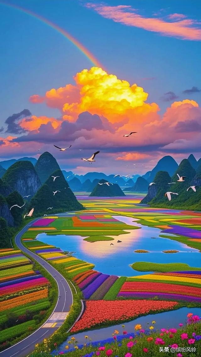 霞光似梦幻锦缎，晕染了天际