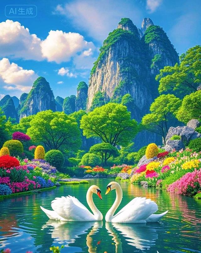 青山云雾缭绕，湖光山色映天鹅，此景如画醉人心