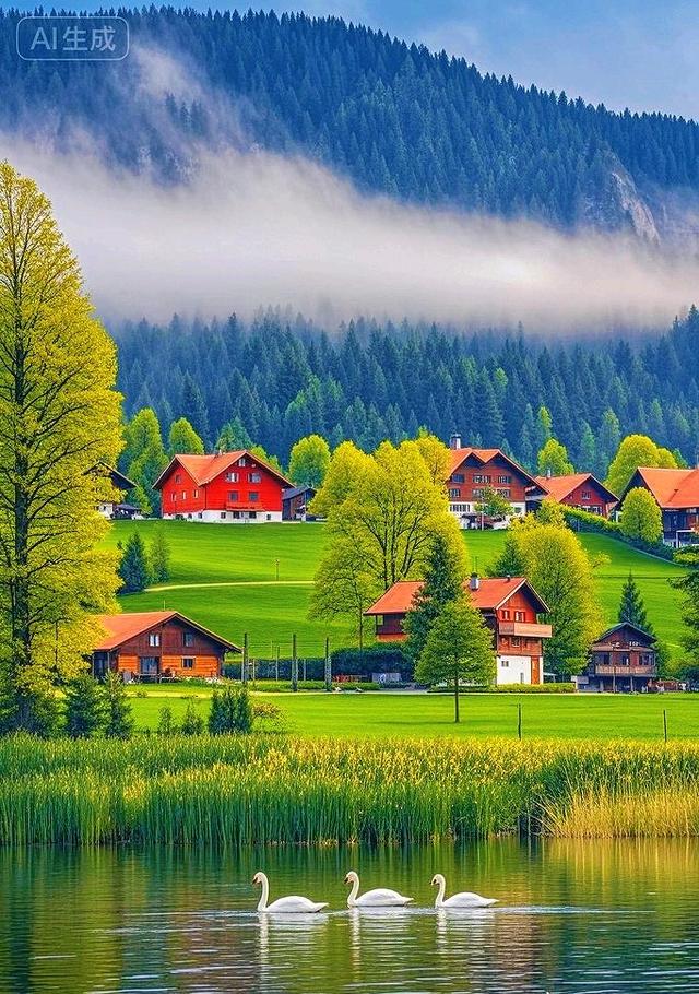 青山静水间，红舍伴鹅游