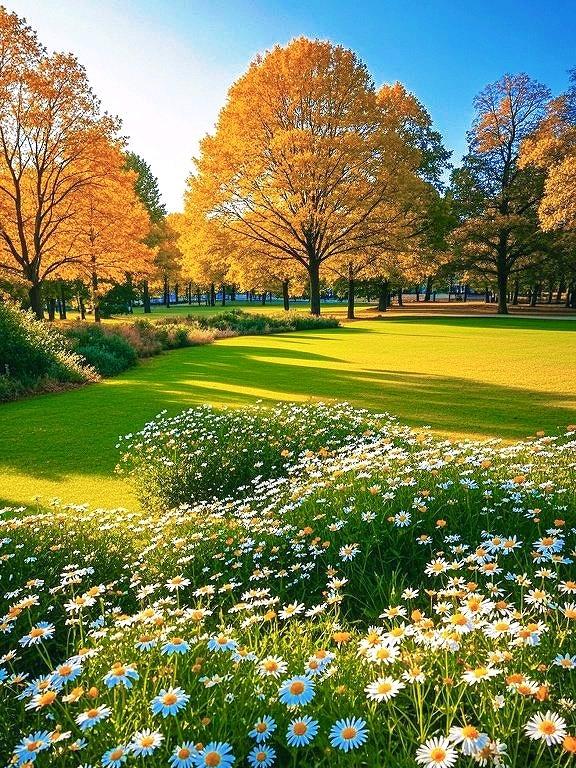 金黄树林、雏菊绿草衬蓝天，这片秋景，超治愈~