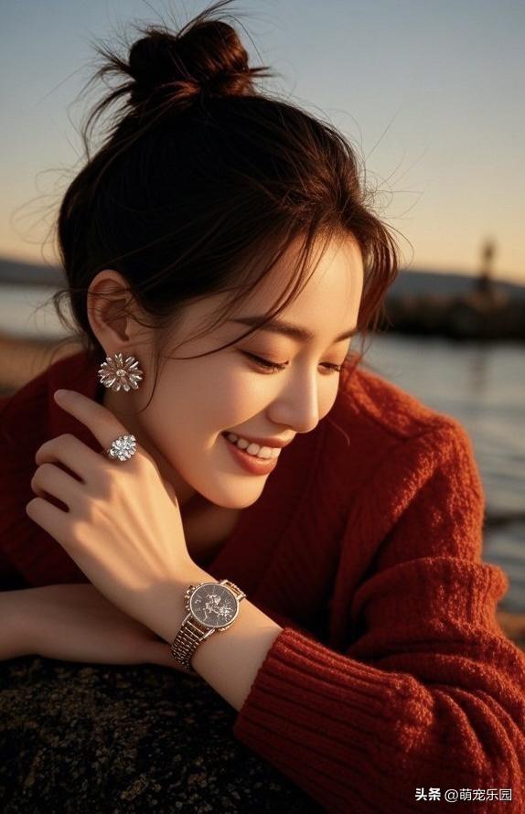 冬日午后红衣女子，花瓣耳饰配暖阳	，这画面值得回味