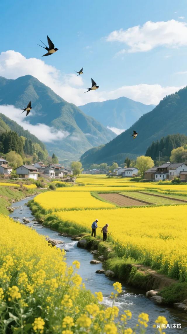 春日田园风光，金黄花海与山川相映成趣，鸟儿飞翔，人间仙境！
