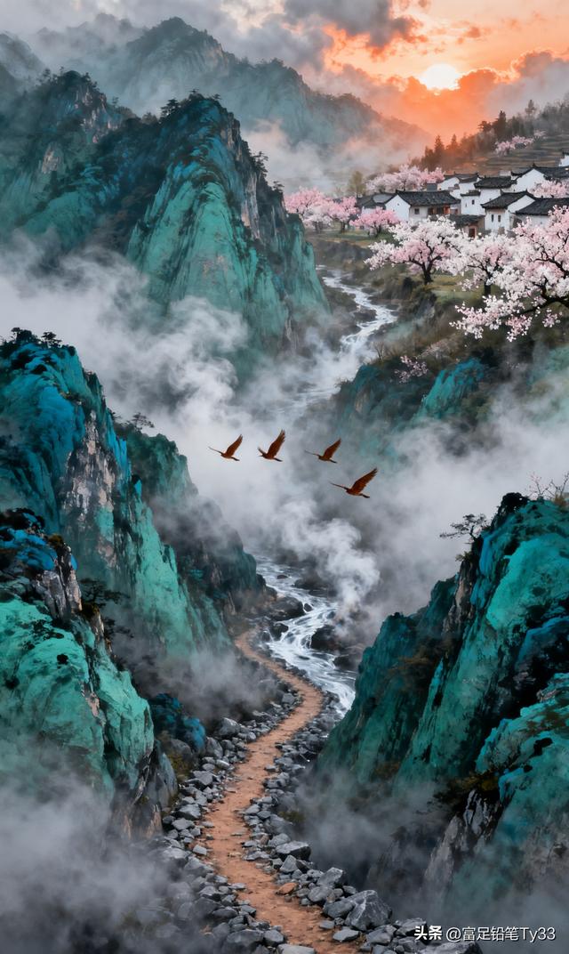 云雾缭绕的世外桃源，粉嫩樱花映衬古村落，仙境般的宁静与美丽！