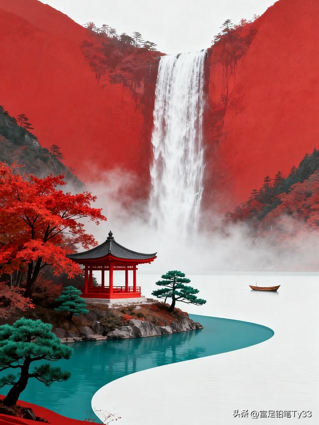 秋日仙境，红叶映碧水，古塔倚瀑布，静谧如画！