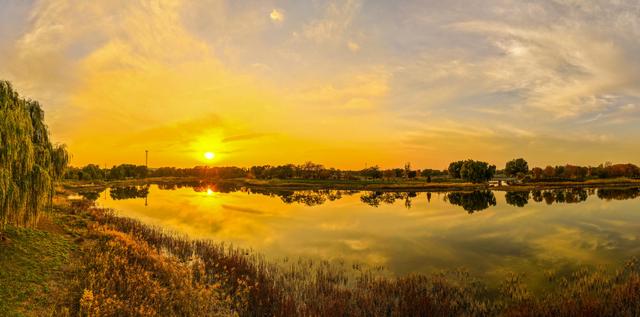 晚霞映照下的宁阳洸河湿地公园