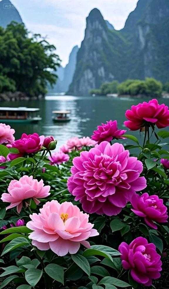 山水如诗，牡丹如画，这画面太治愈