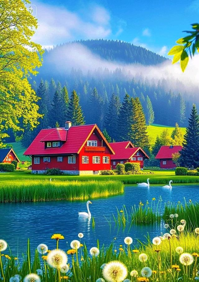 青山静水间，红舍伴鹅游