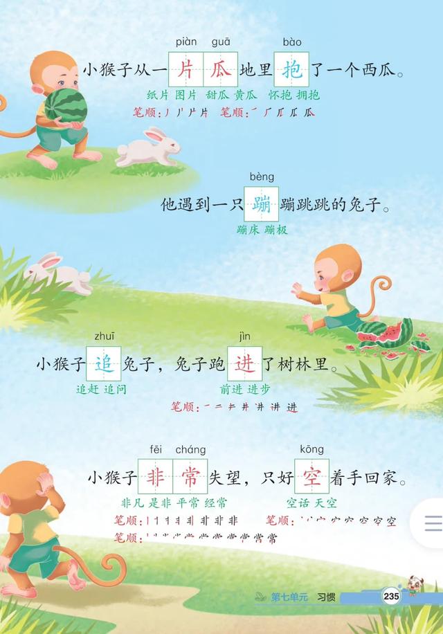 一年级下册语文，第七单元课文17《猴子下山》课堂笔记+课堂解析
