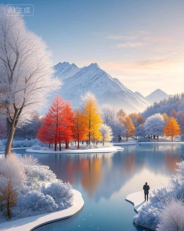 雪山彩林映湖光，一半秋意一半冬