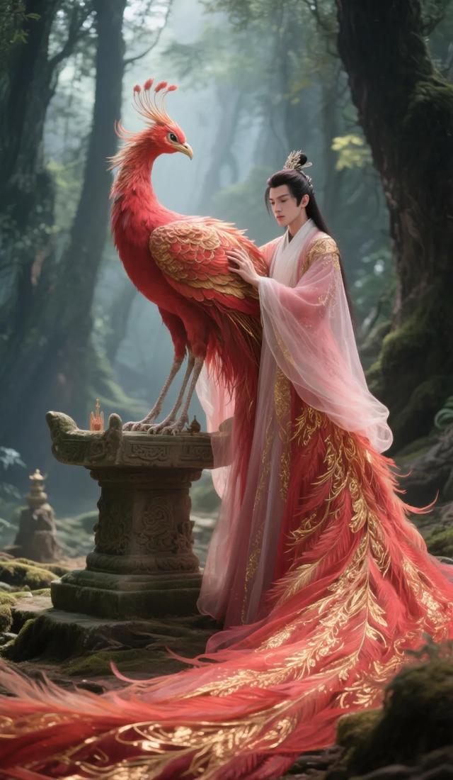 奇幻之境:红衣女子与火鸟在仙气森林的绝美邂逅