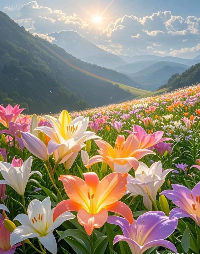 日出洒百合花海，远山相伴，太美了