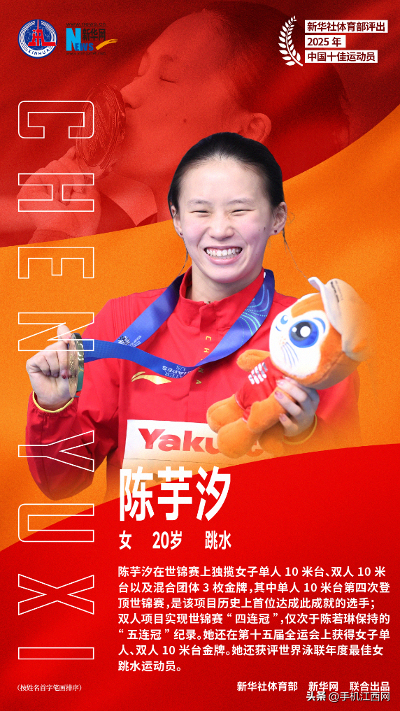 2025年中国十佳运动员：石宇奇、巩立姣、刘焕华、孙颖莎、陈芋汐、苏翊鸣、邹敬园、胡凯、覃海洋、蒋裕燕