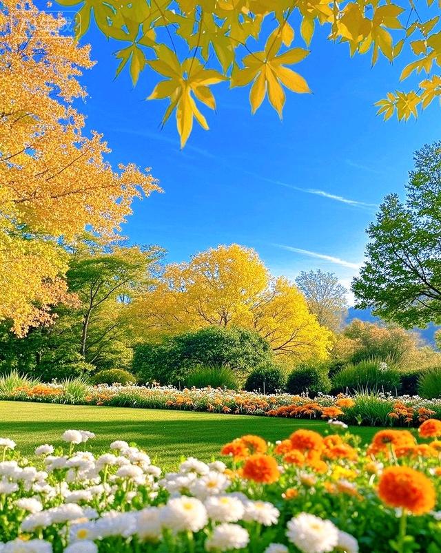 金黄树林、雏菊绿草衬蓝天，这片秋景，超治愈~
