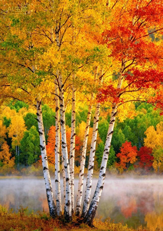 秋雾里的白桦，晕染了半林金红