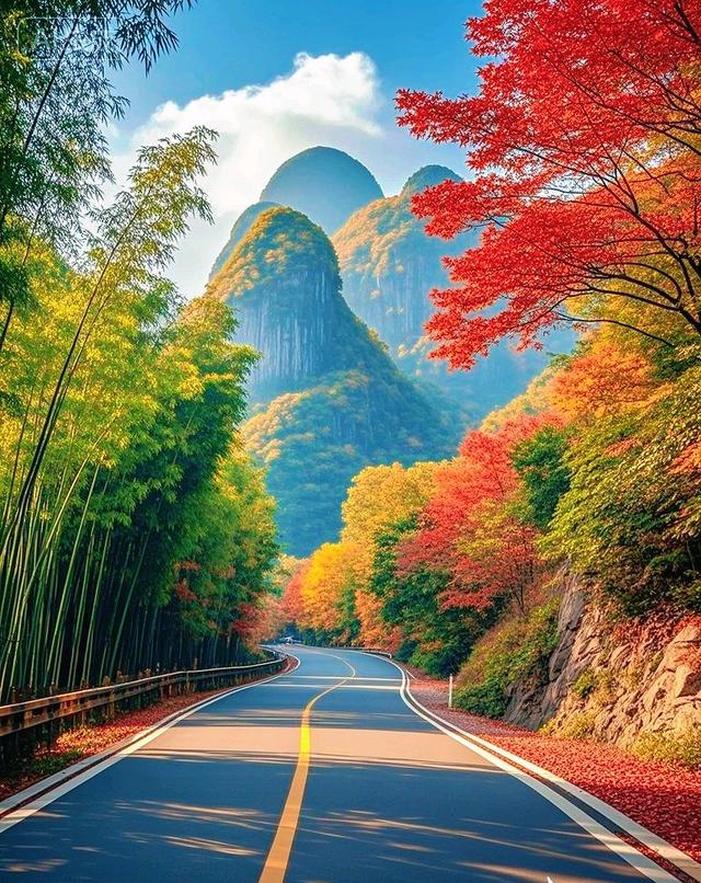 彩林竹海环山径，一径斑斓入画来
