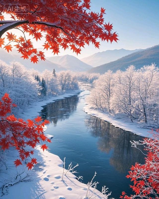雪山彩林映湖光，一半秋意一半冬