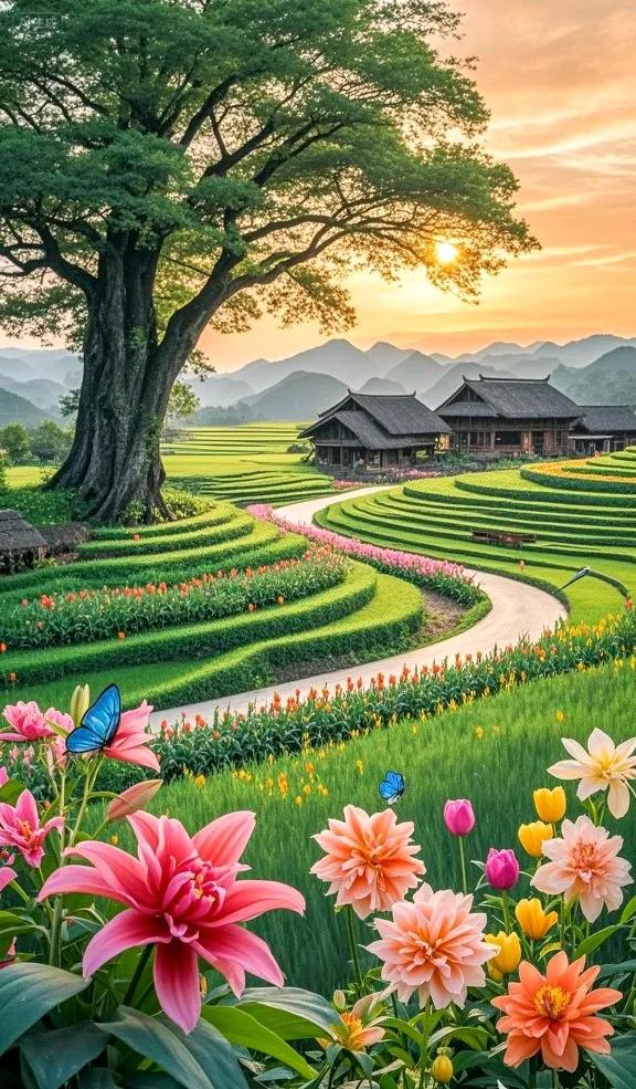 古村卧花海，梯田连远山，美成田园诗画