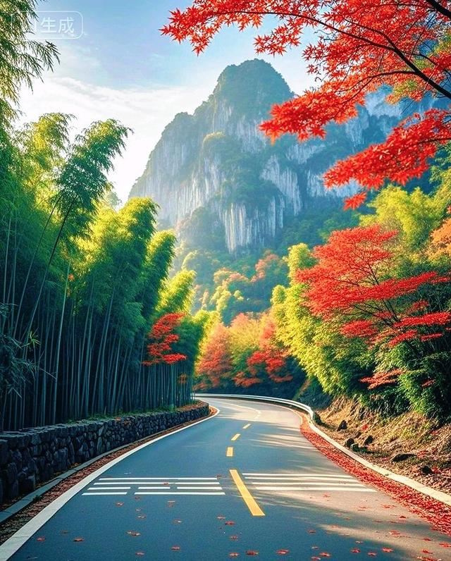 彩林竹海环山径，一径斑斓入画来