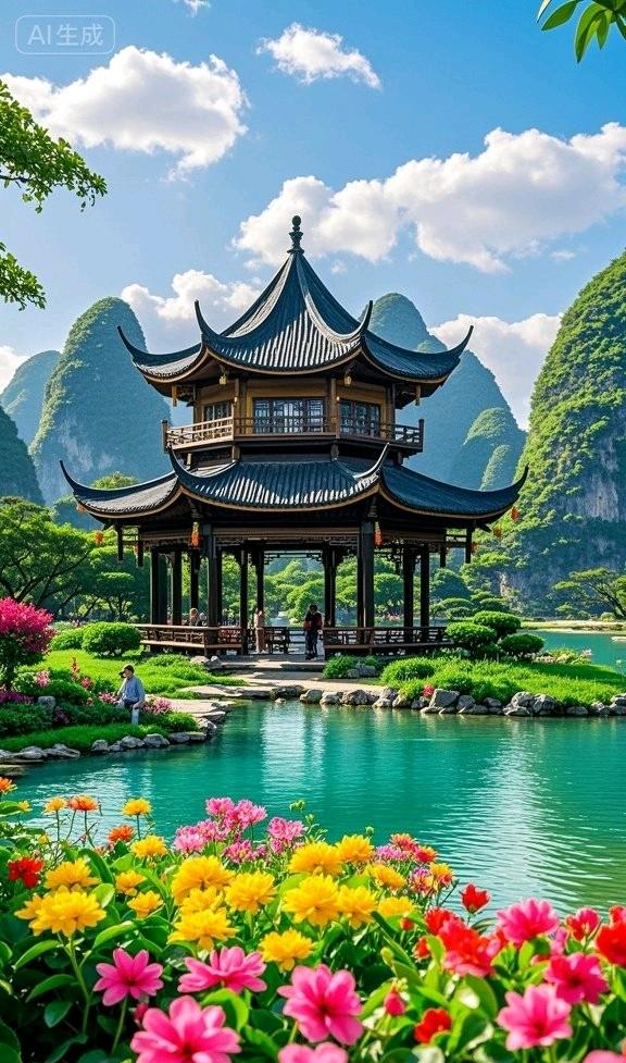 峰翠湖明亭立，花裹晴光，这景美透了