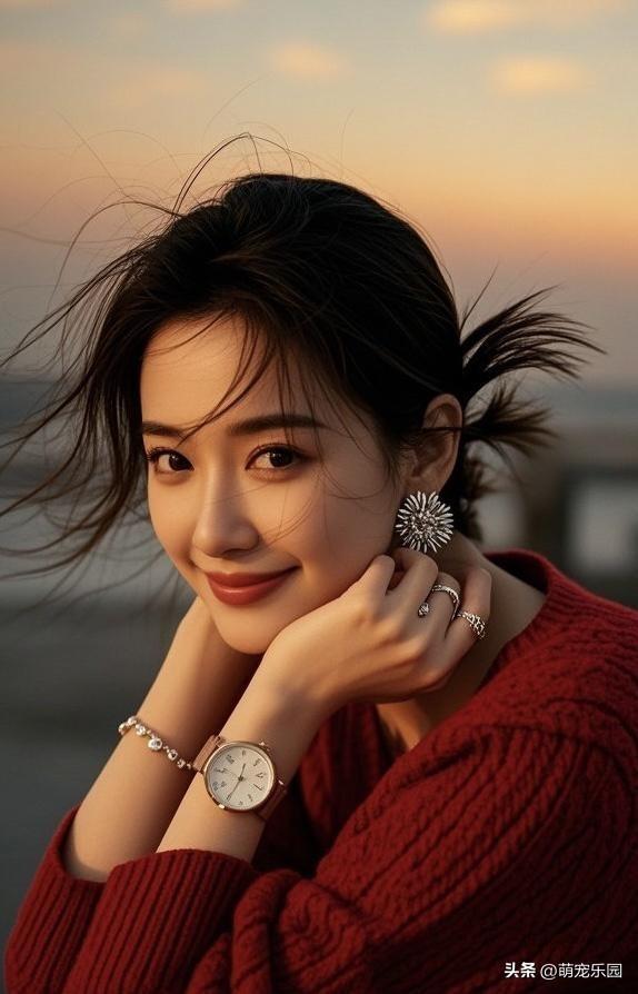 冬日午后红衣女子，花瓣耳饰配暖阳，这画面值得回味