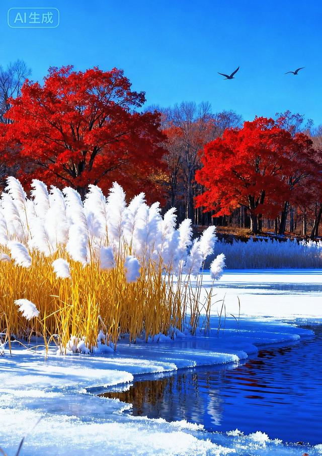 半冻冰湖映枫红，白芦摇霜，藏着秋冬交替的诗意