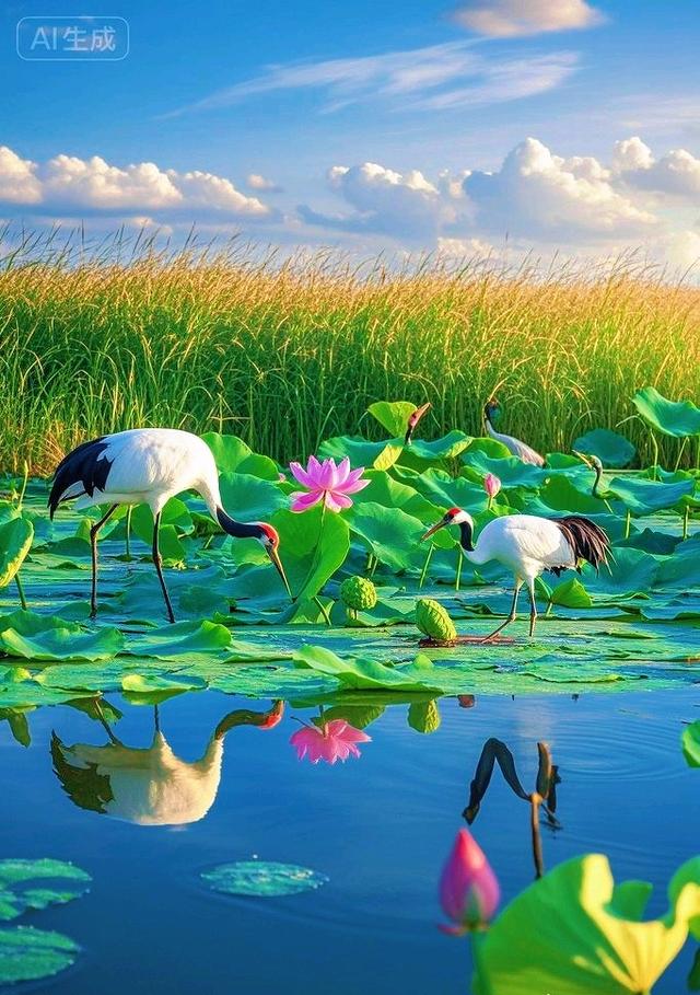 晴云铺绵，碧荷拥莲，双鹤栖塘漾波，天地尽是清灵柔美风光