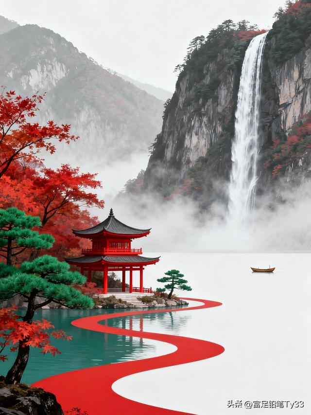 秋日仙境，红叶映碧水，古塔倚瀑布，静谧如画！