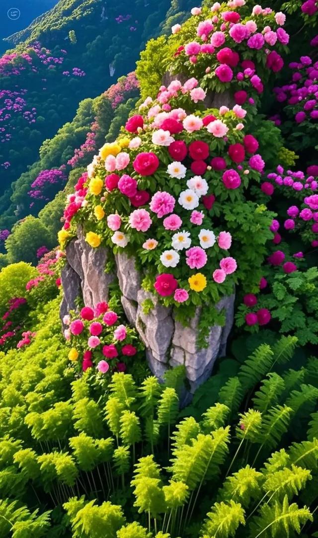 悬崖上的牡丹花海绝美，周边风景亦如画