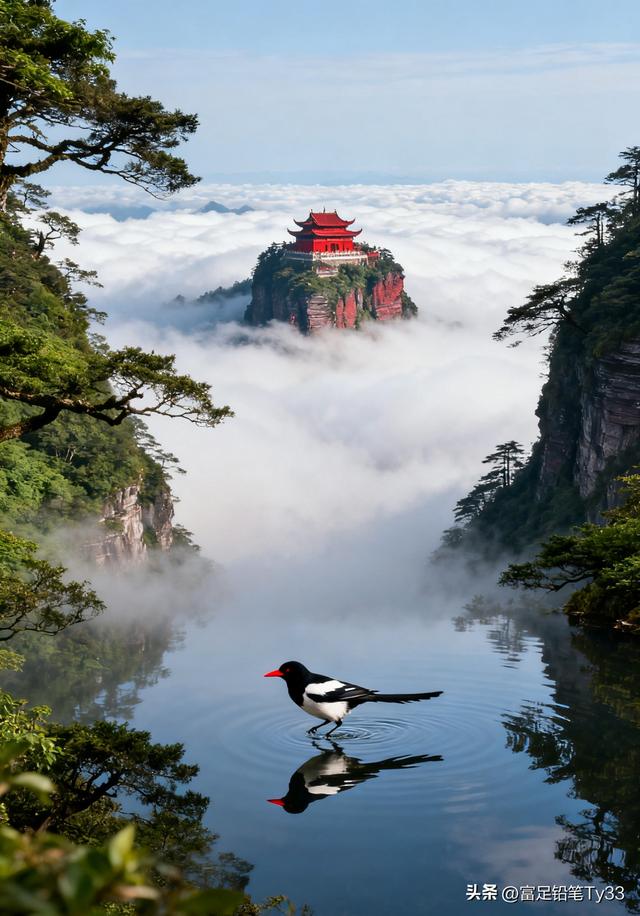 仙境中的古寺，飞鸟掠过，云海翻腾，如梦如幻！
