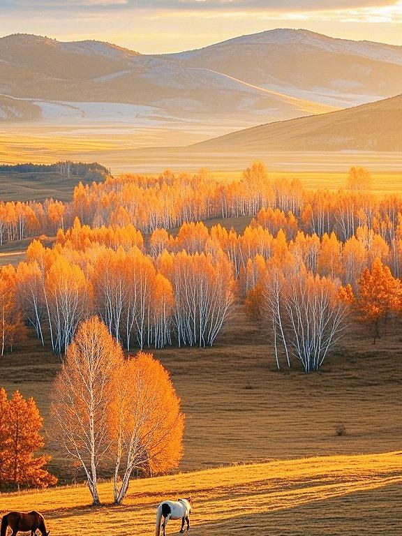 斑斓树影下，秋原里的自在马群