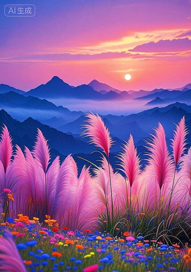 粉苇摇，彩花漫，日出染野太唯美了