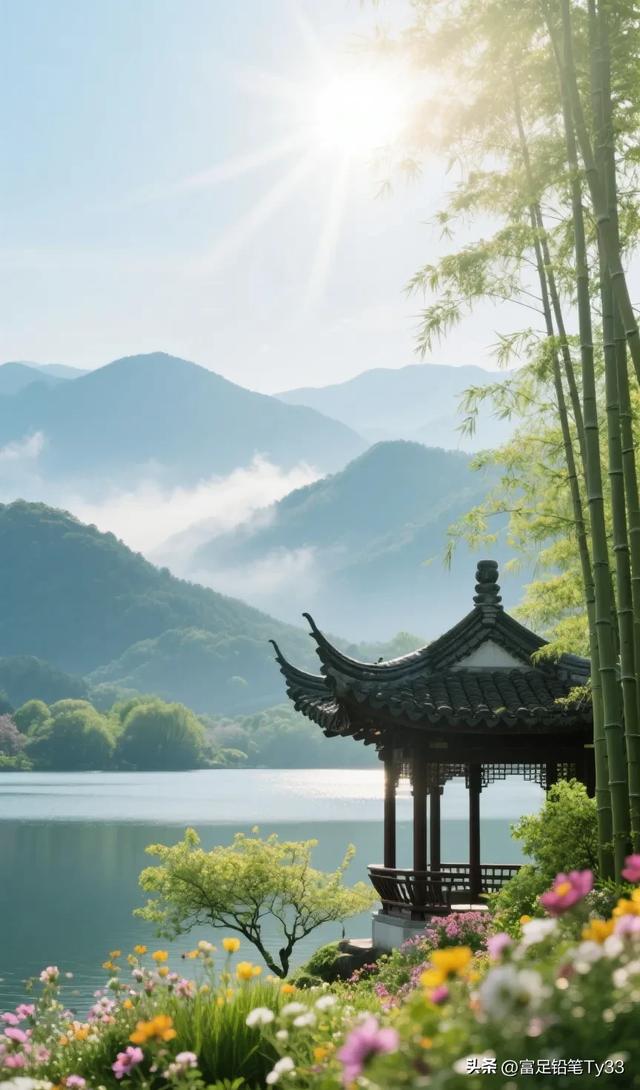 静谧湖畔，古风亭台，花海映日，人间仙境！
