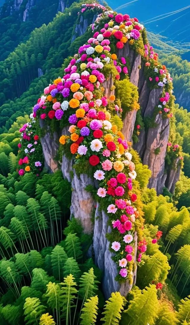 悬崖上的牡丹花海绝美，周边风景亦如画