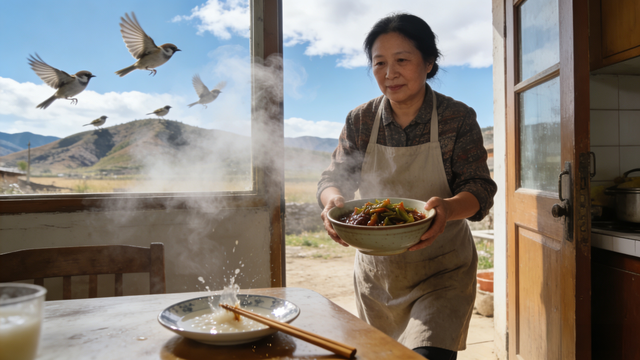 窗外有青山，低头见粥温