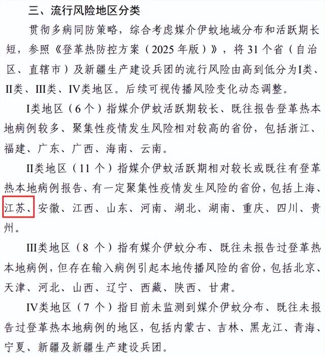 江苏被归为基孔肯雅热流行风险Ⅱ类地区