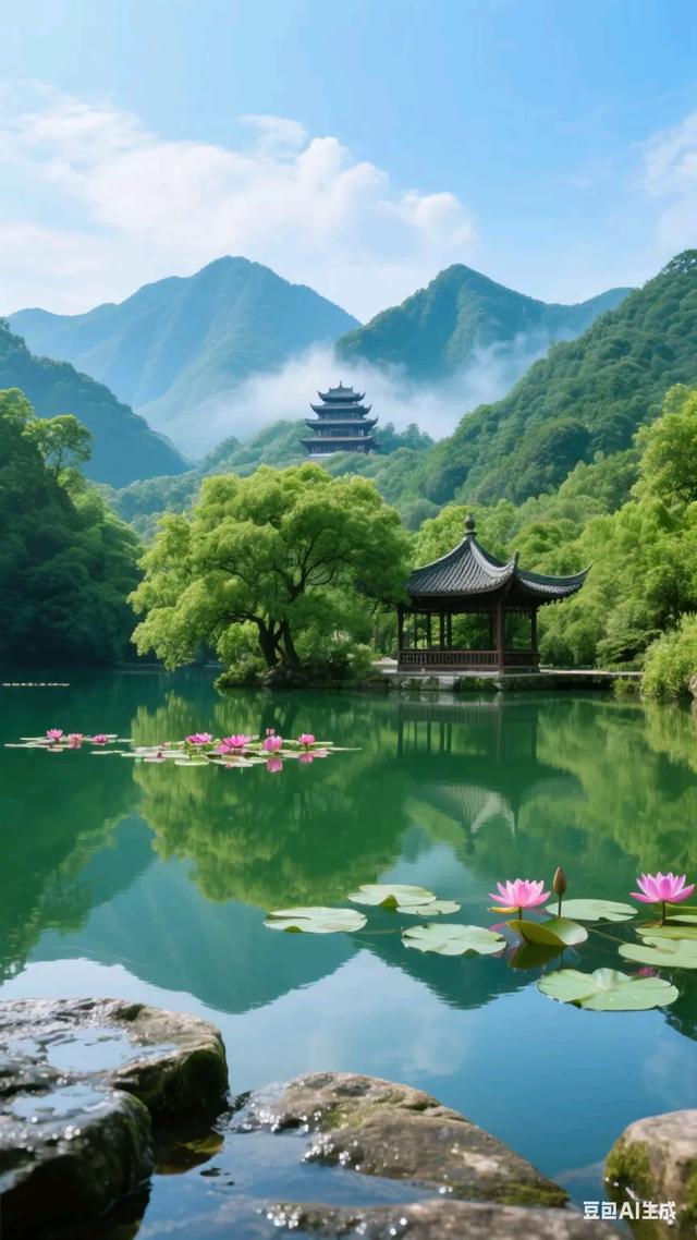 静谧湖畔，古风亭台，云雾缭绕，宛如仙境！