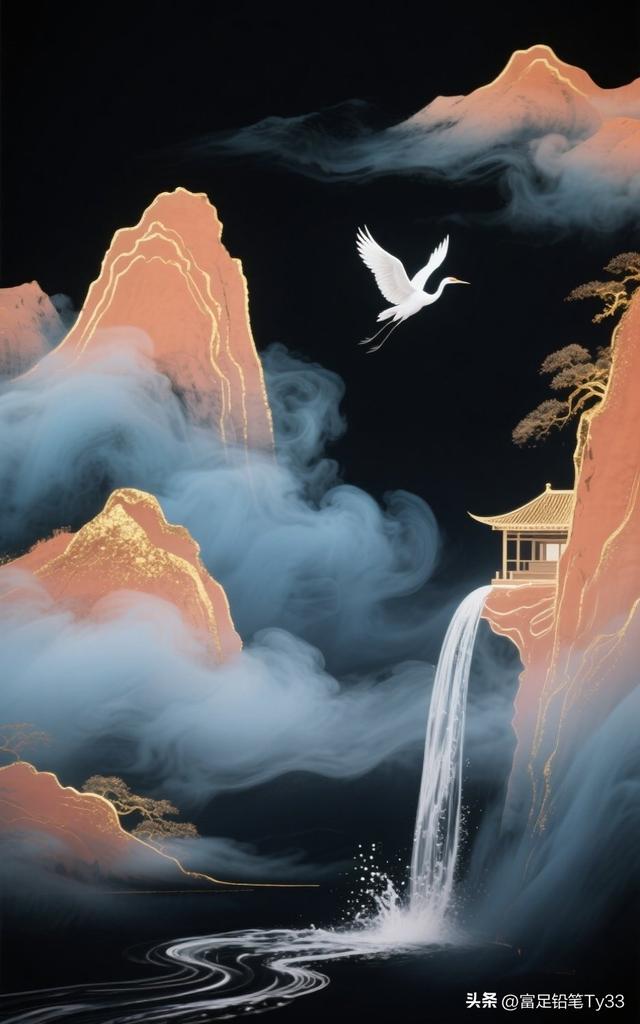 仙境般的瀑布与飞鸟，梦幻般的东方山水画！