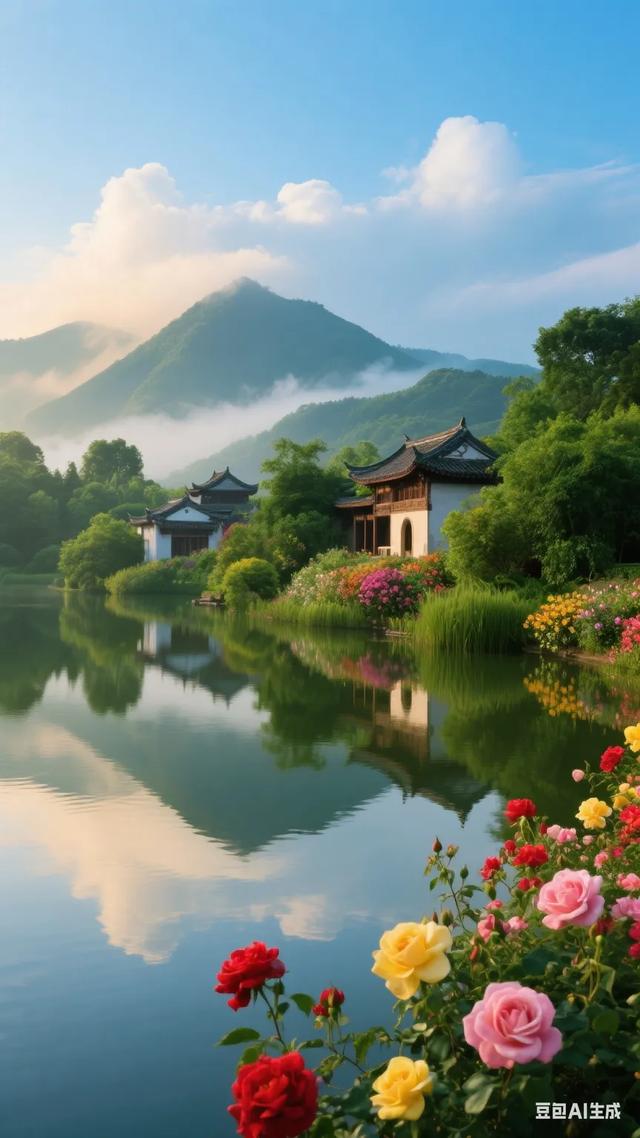 梦幻般的世外桃源，静谧的湖面倒映着古色古香的建筑，宛如仙境！