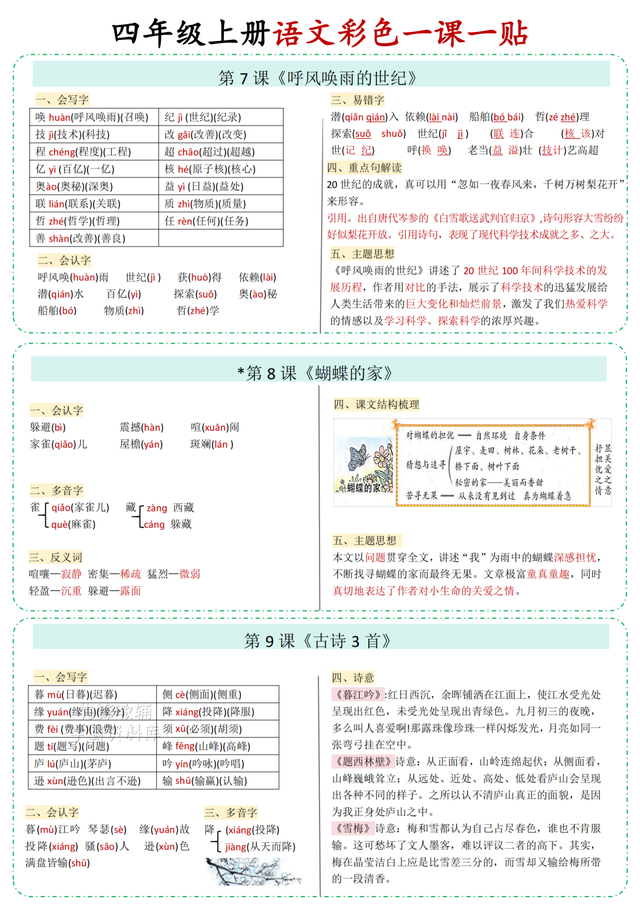 四上语文一课一帖知识点总结