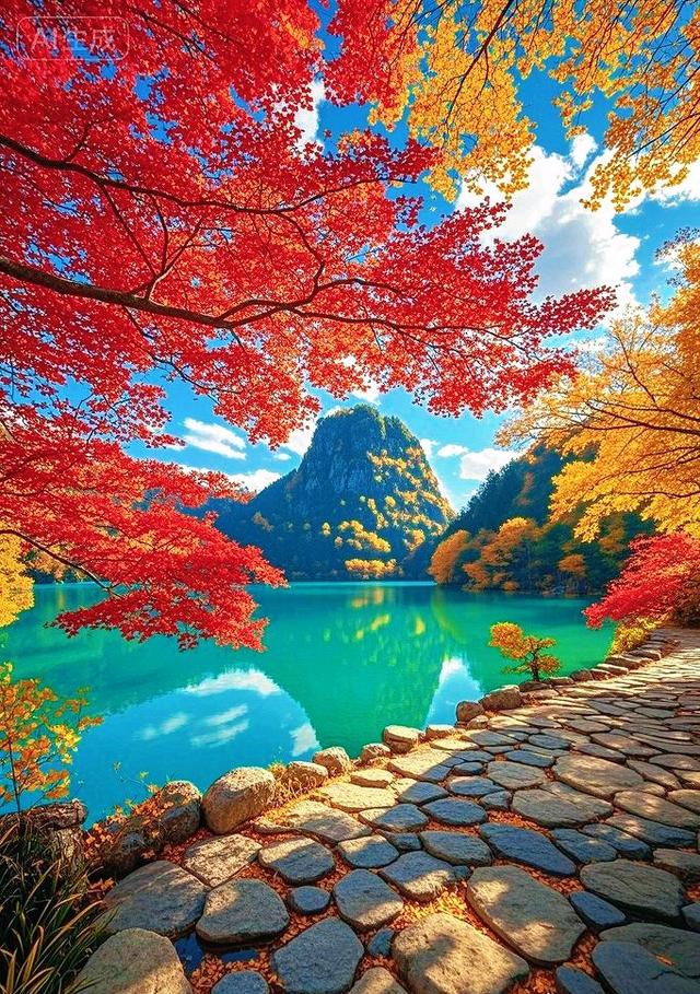 红枫金树绕碧湖